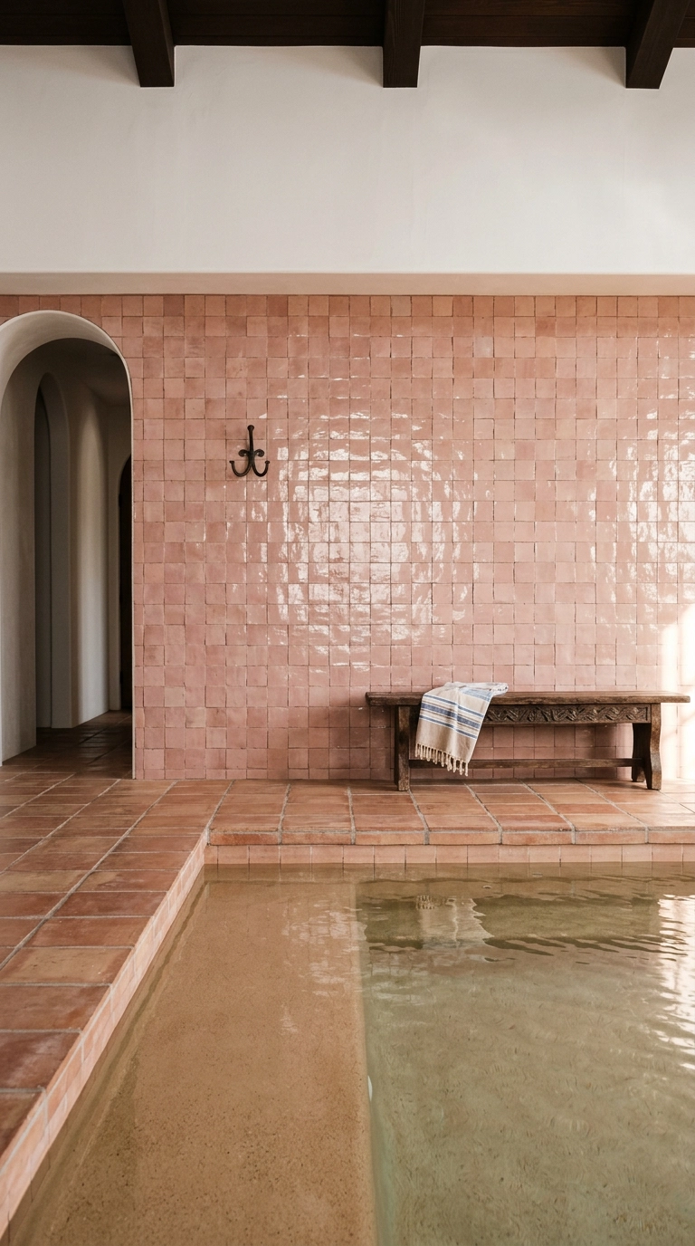 Indoor pool with a handmade zellige tile wall in muted clay pink above a terracotta deck
