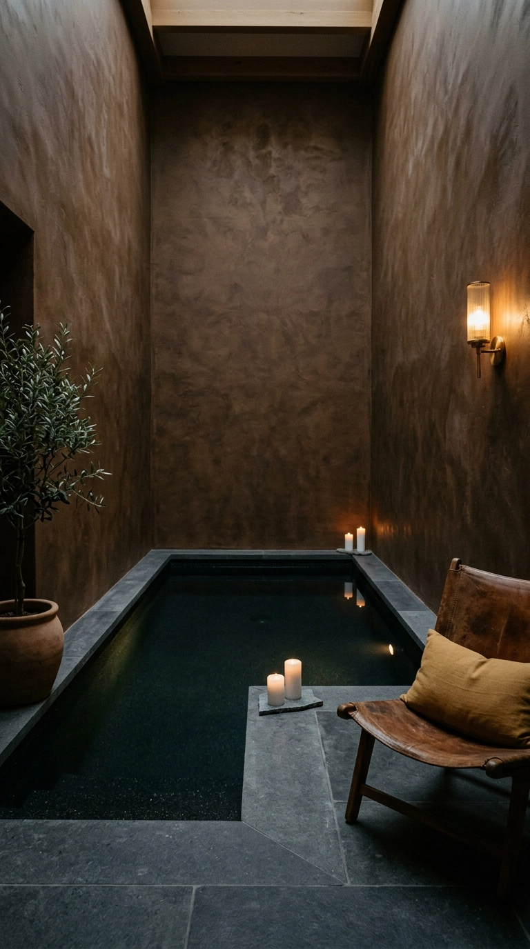 Small black-bottom indoor plunge pool with bronze plaster walls, leather sling chair and candlelight at dusk