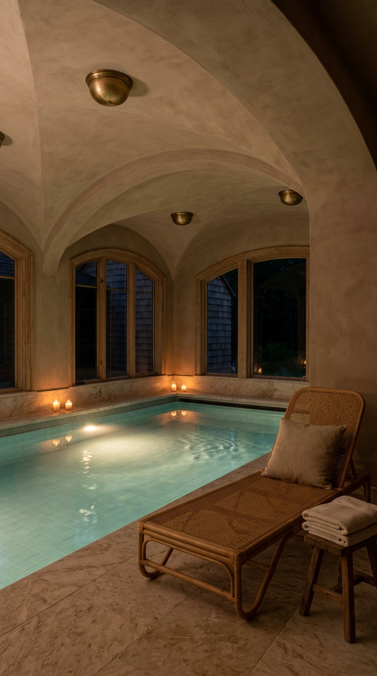 Indoor pool at night lit by warm brass dome fixtures and a soft underwater light