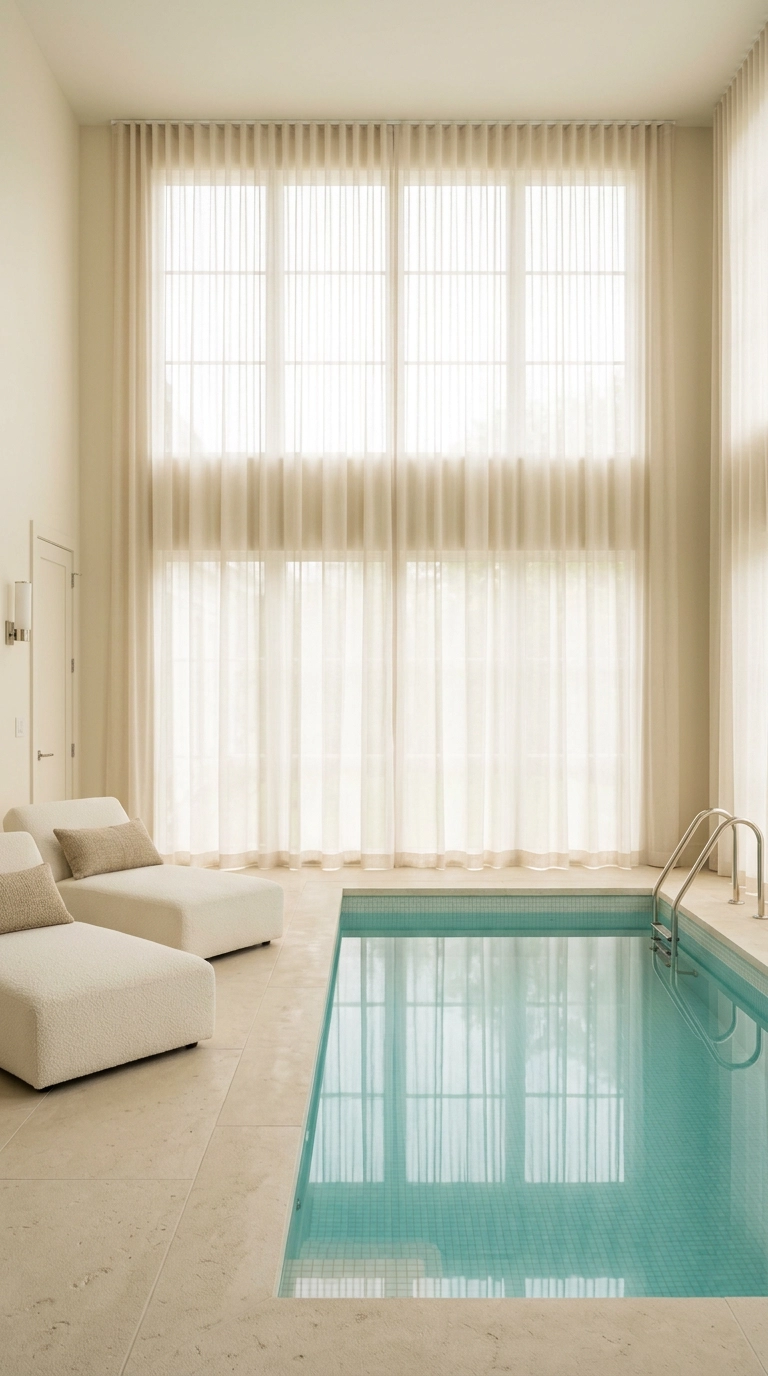 Indoor pool with floor-to-ceiling sheer ivory drapery softening a two-story window wall