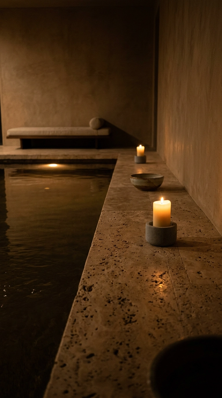 Travertine ledge along an indoor pool with two pillar candles glowing at night
