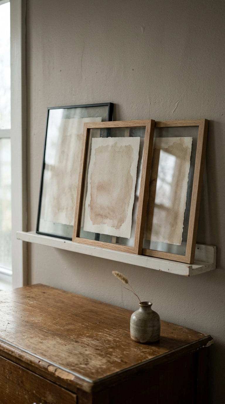 Overlapping frames leaning on a picture ledge in an inexpensive bedroom