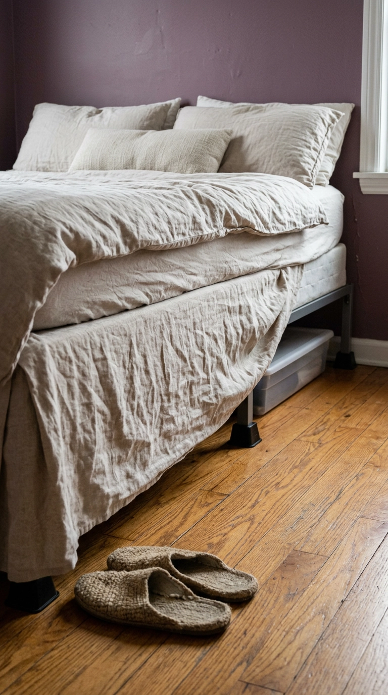 Linen bedskirt concealing under-bed storage in an inexpensive bedroom