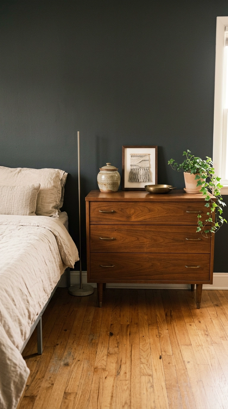 Secondhand solid walnut dresser styled with three objects in an inexpensive bedroom