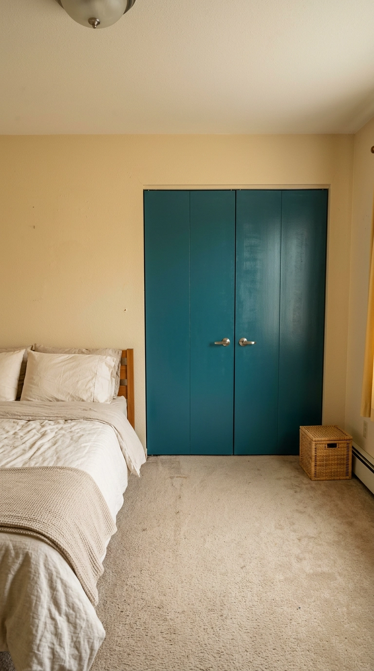 Closet doors painted deep teal against buttermilk walls in an inexpensive bedroom