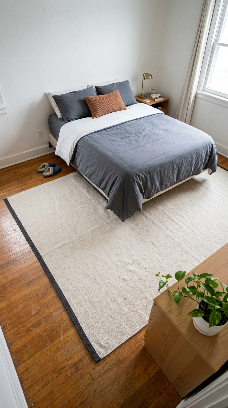 Large flatweave rug extending past both sides of the bed in an inexpensive bedroom
