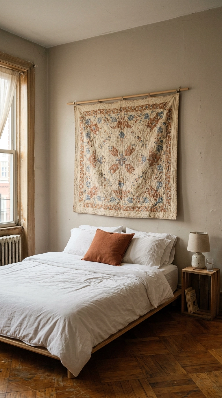 Vintage quilt hung as a headboard above a bed in an inexpensive bedroom