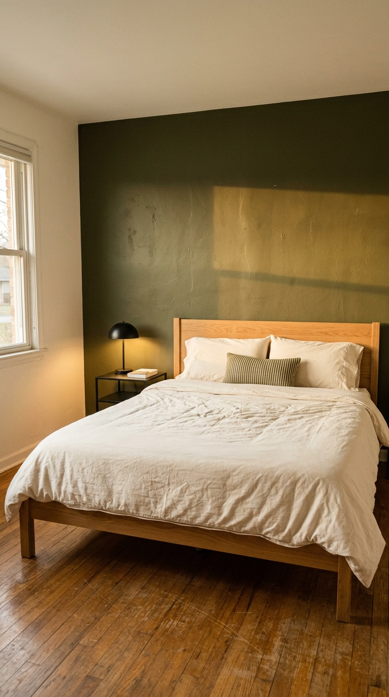 Deep olive accent wall behind the bed in an inexpensive bedroom