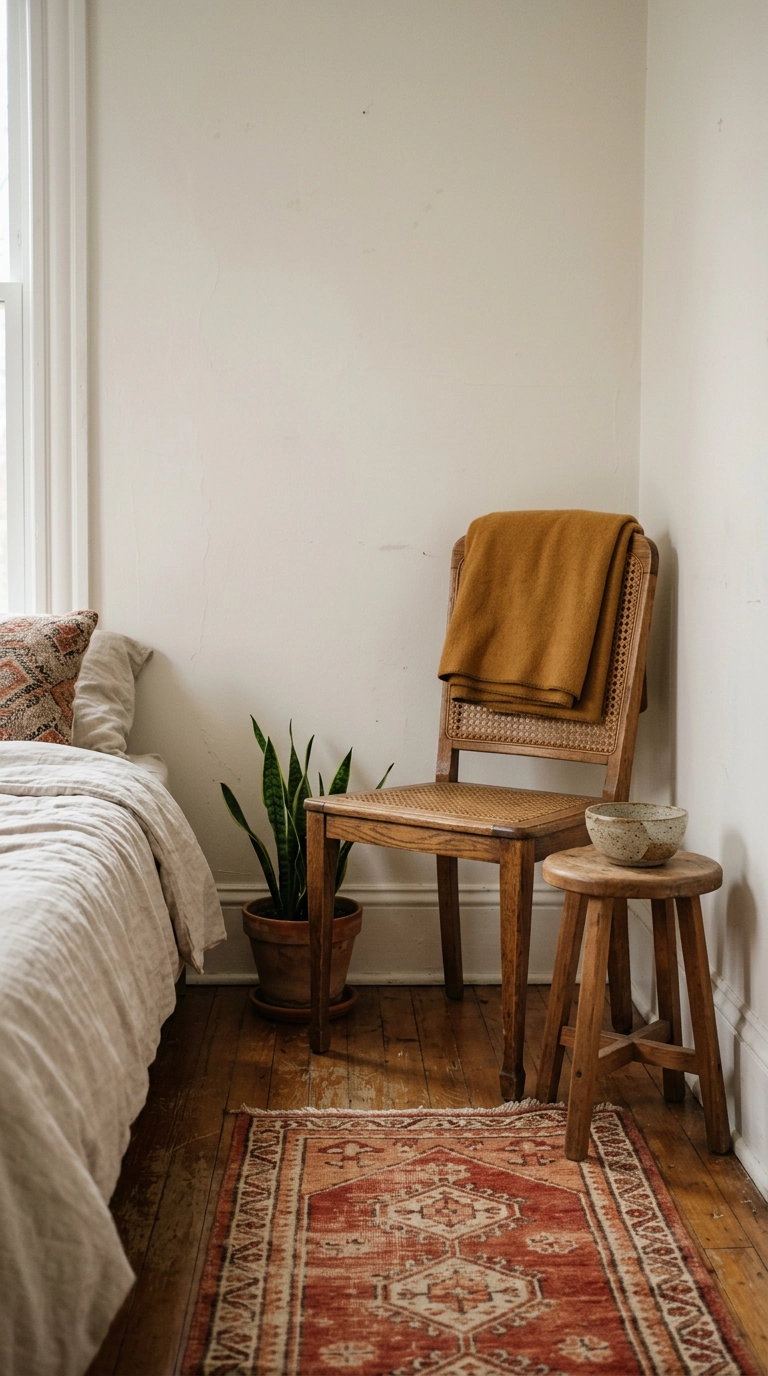 Reading nook in an inexpensive bedroom made from a repurposed dining chair and stool