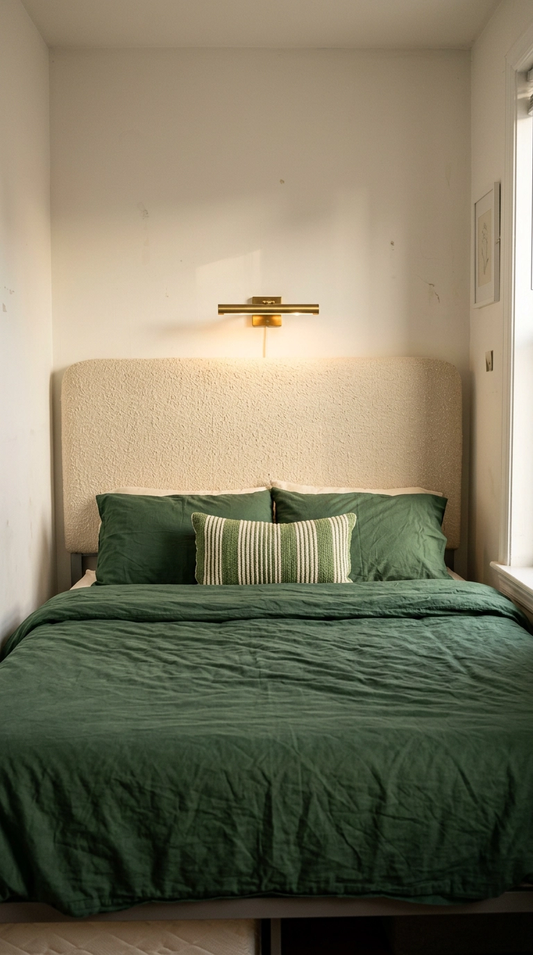 DIY upholstered plywood headboard behind a bed in an inexpensive bedroom