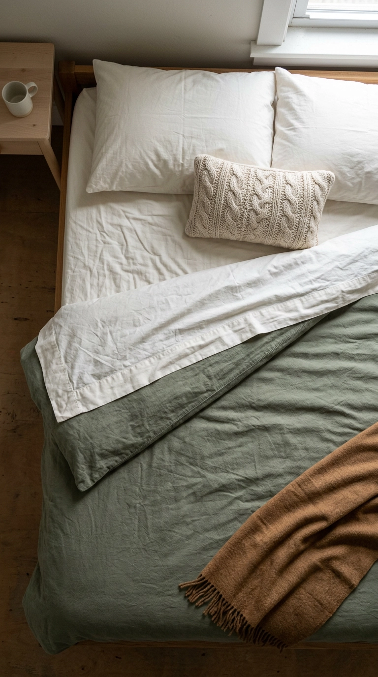 Layered washed cotton bedding on a made bed in an inexpensive bedroom