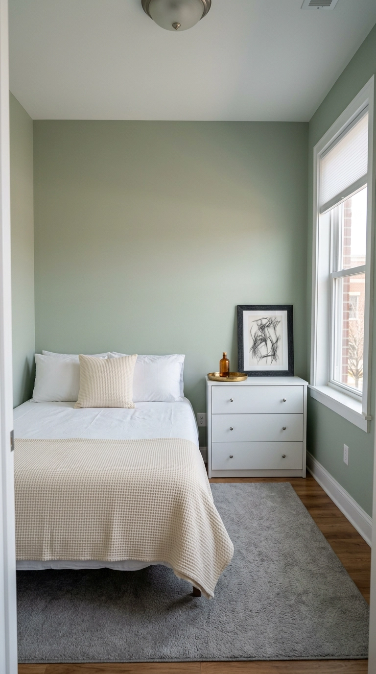 Inexpensive bedroom with a nearly bare dresser top styled with three objects