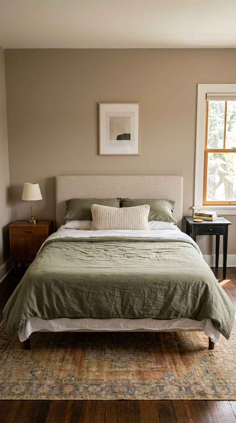 Two mismatched thrifted nightstands flanking a bed in an inexpensive bedroom