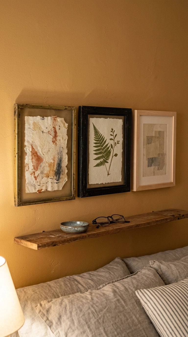 Small grouping of mismatched thrifted frames on an ochre wall in an inexpensive bedroom