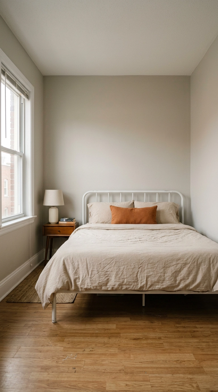 Inexpensive bedroom with a white metal bed centered on the longest wall in a small rental