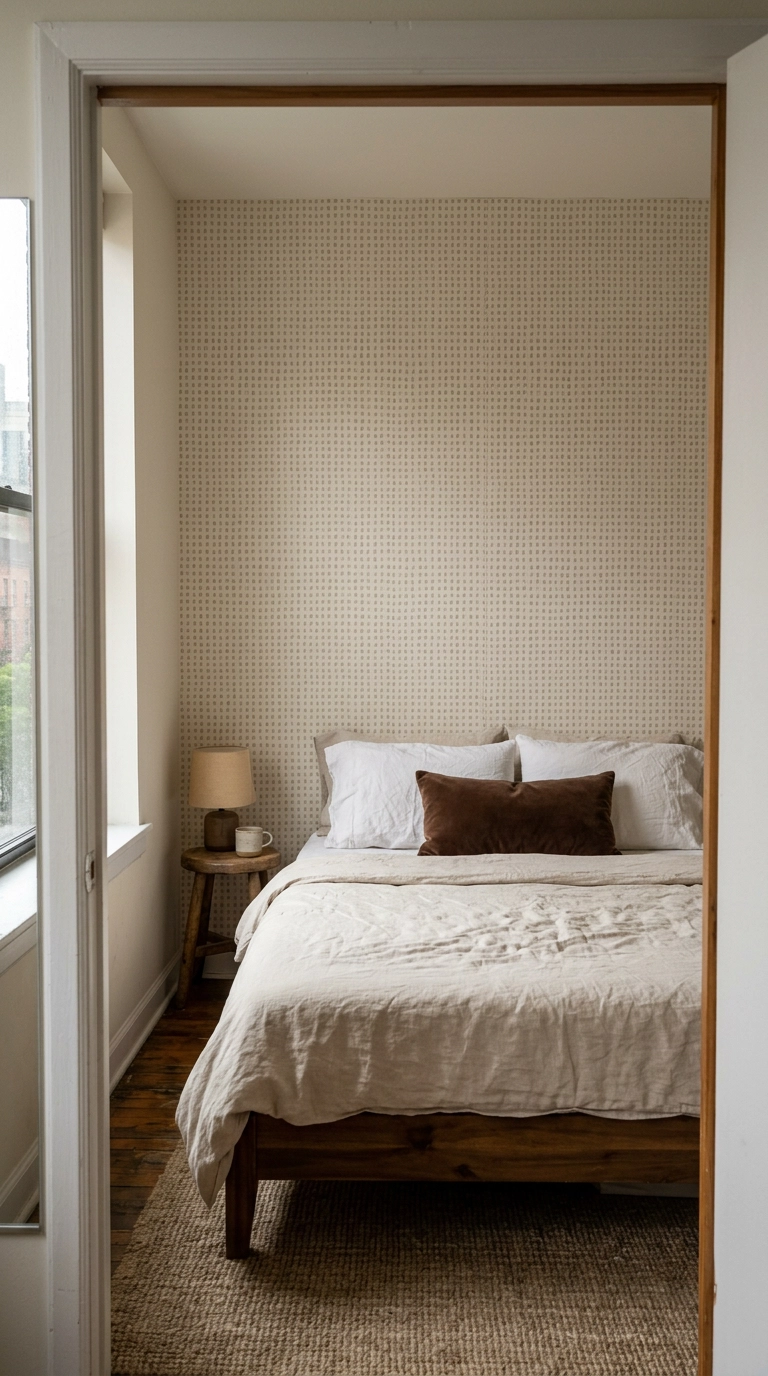 Peel-and-stick wallpaper on the headboard wall only in an inexpensive bedroom
