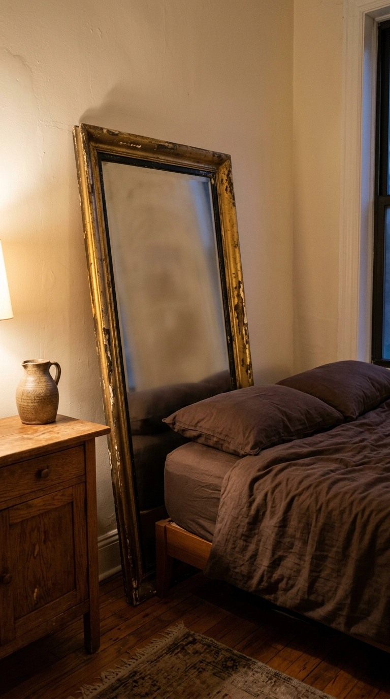 Tall thrifted mirror leaning against the wall in an inexpensive bedroom