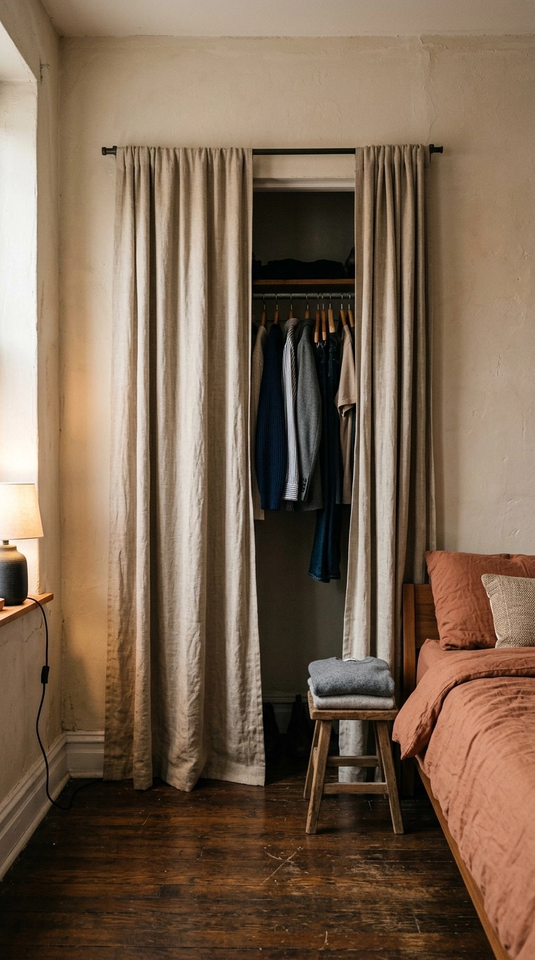 Linen curtain panels on a tension rod covering a closet in an inexpensive bedroom