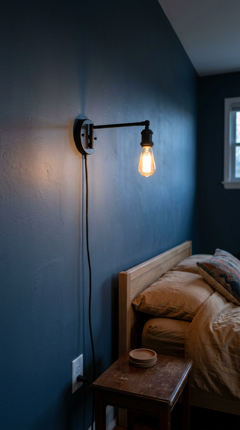 Plug-in swing-arm sconce beside the bed in an inexpensive bedroom
