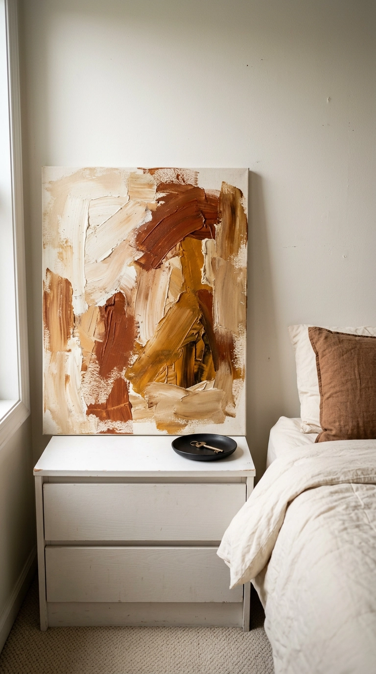 Large hand-painted abstract canvas propped on a dresser in an inexpensive bedroom