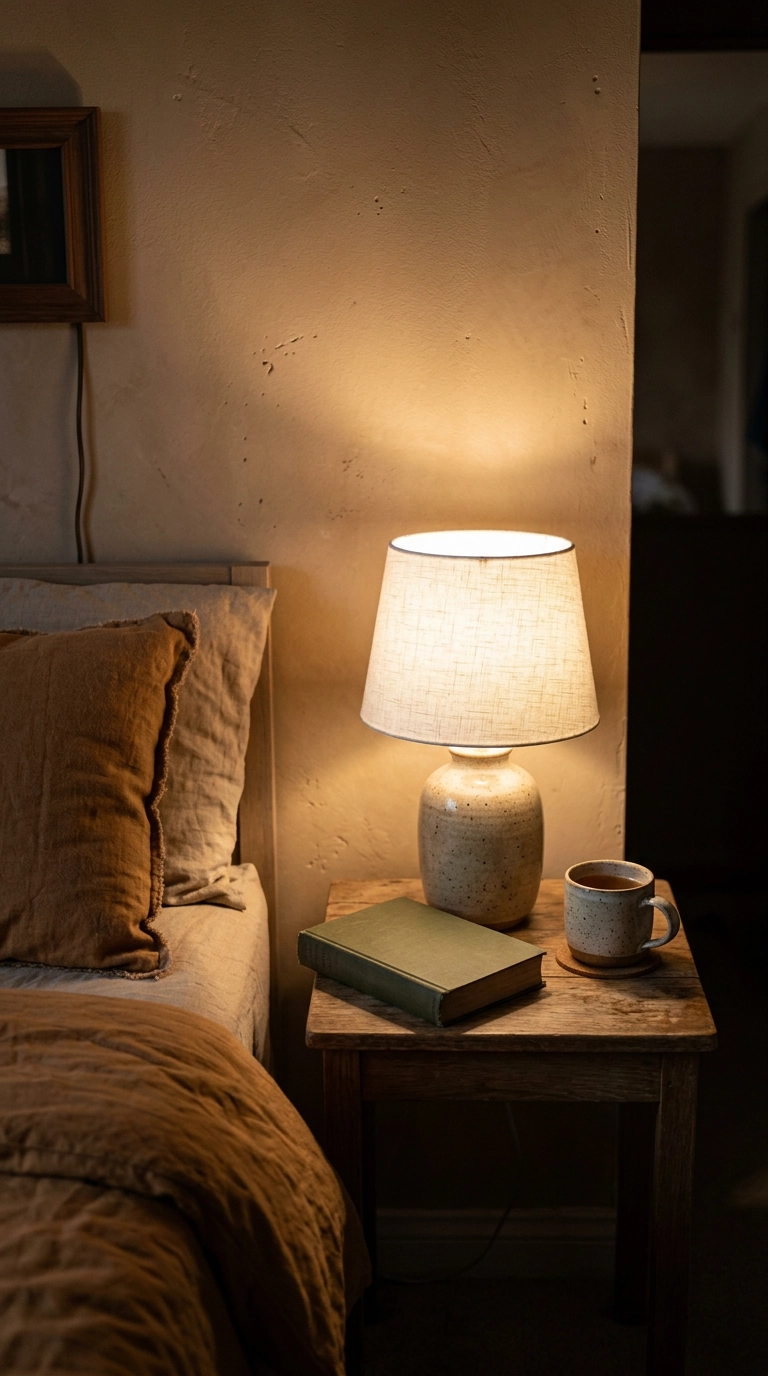 New linen lampshade on a thrifted ceramic lamp in an inexpensive bedroom