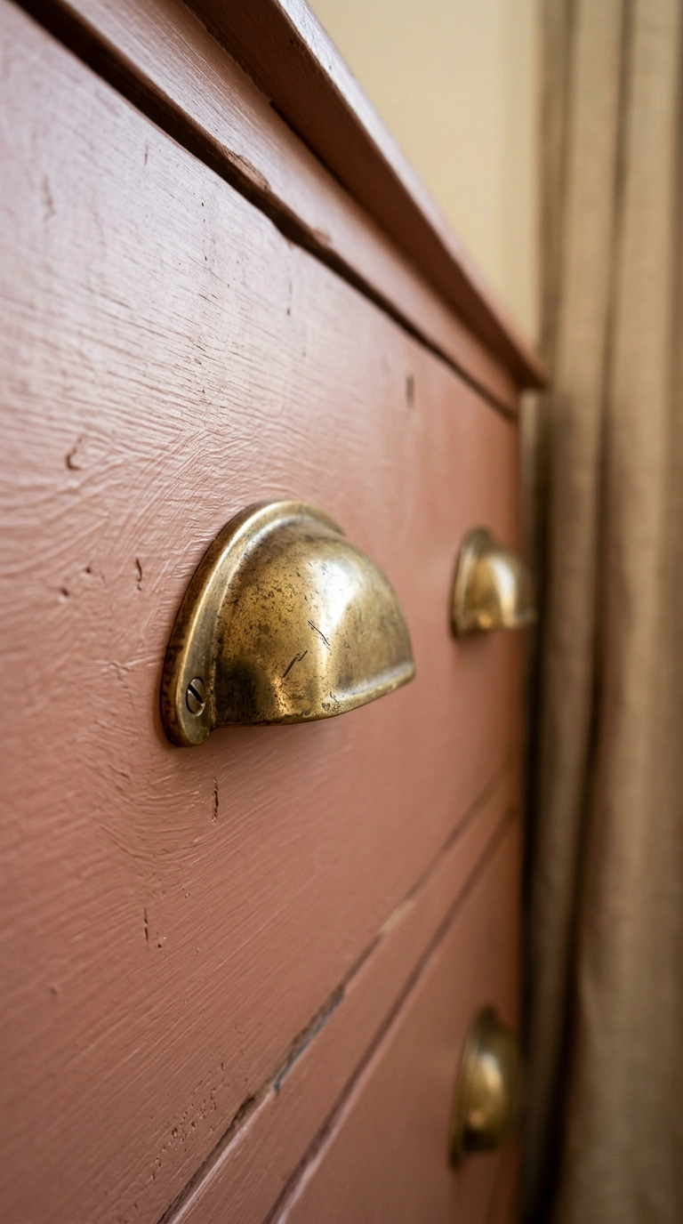 Brass bin pulls on a repainted dresser drawer in an inexpensive bedroom