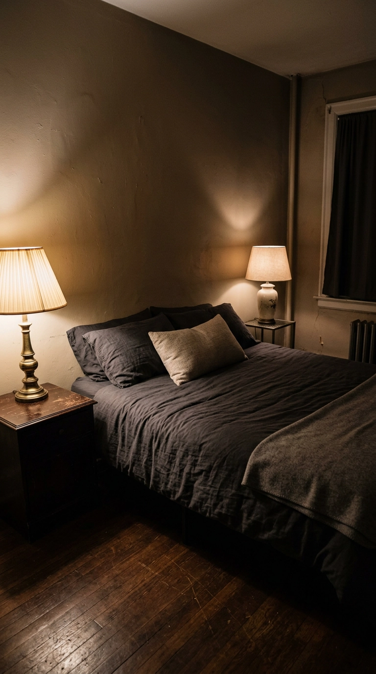 Inexpensive bedroom lit only by two warm 2700K bedside lamps at night