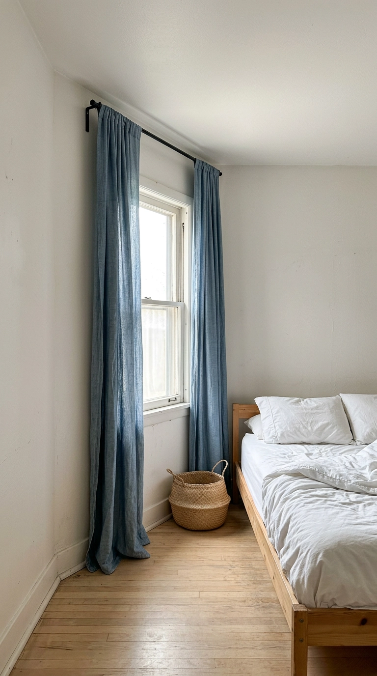 Curtain rod mounted near the ceiling and extended wide in an inexpensive bedroom