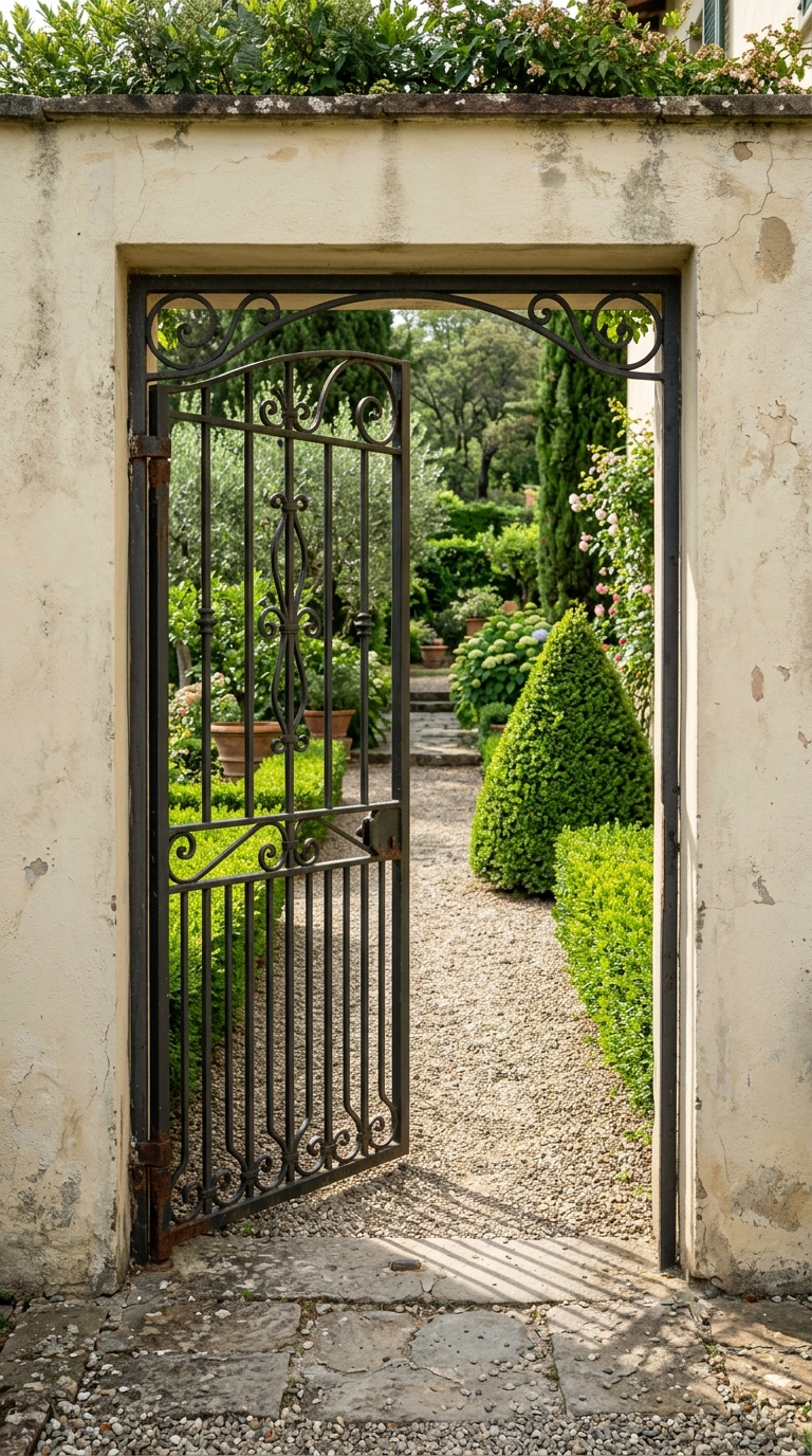 Black wrought iron gate half open in a cream stucco wall with a gravel path beyond