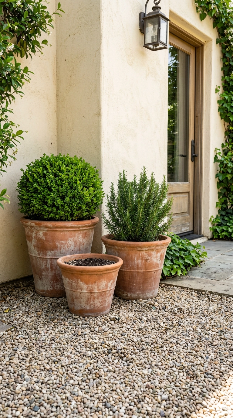 Three graduated terracotta pots with clipped boxwood and rosemary against a cream stucco wall