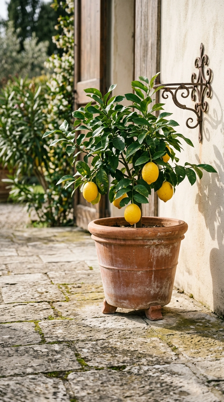 Dwarf lemon tree with ripe fruit in an aged terracotta pot on a limestone terrace