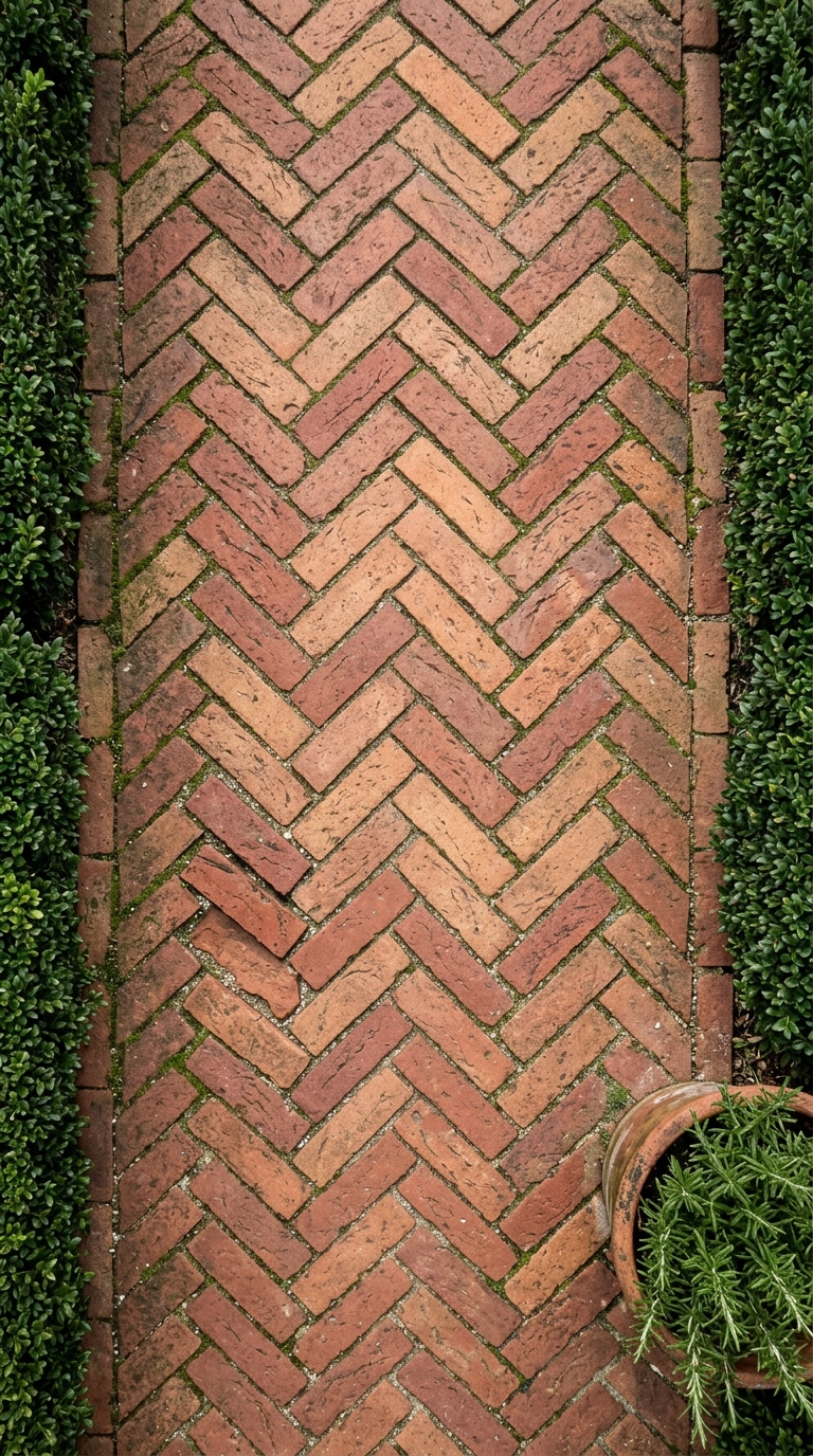 Warm clay brick path laid in herringbone pattern between clipped boxwood hedges