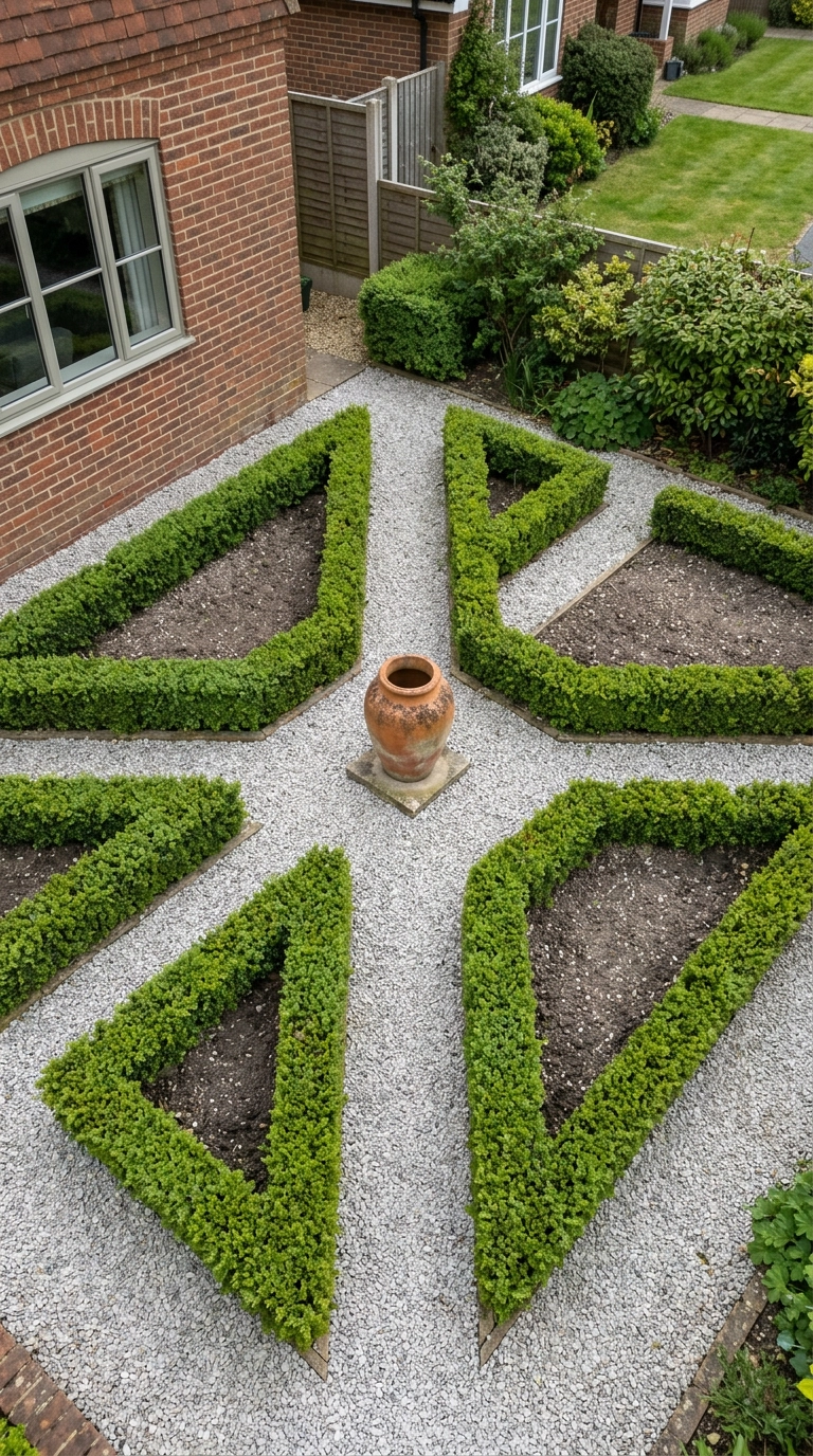 Small four-square boxwood parterre with gravel paths and a central terracotta urn