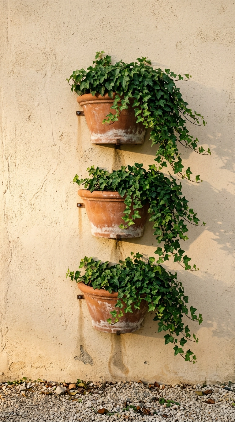 Three half-round terracotta wall planters stacked vertically on a cream stucco wall
