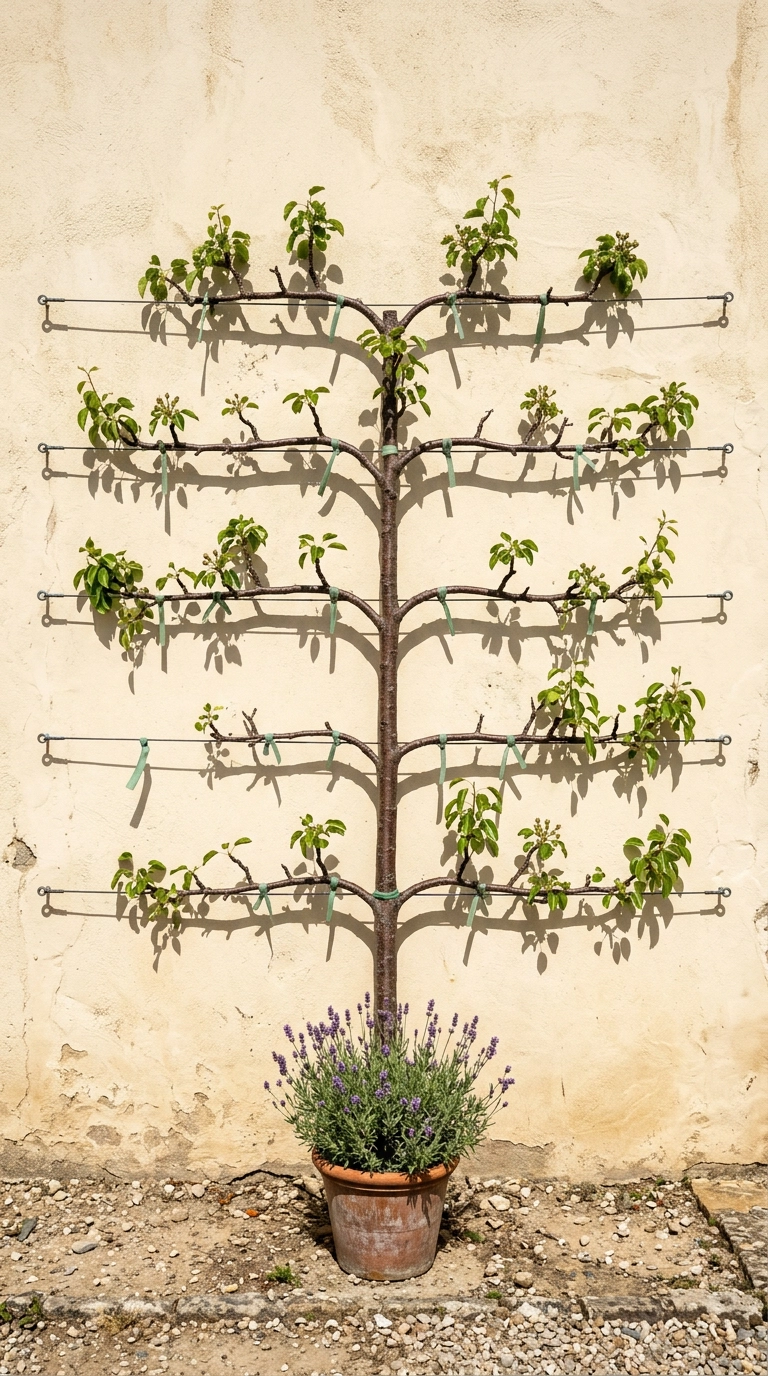 Pear tree espaliered flat in horizontal tiers against a cream stucco wall