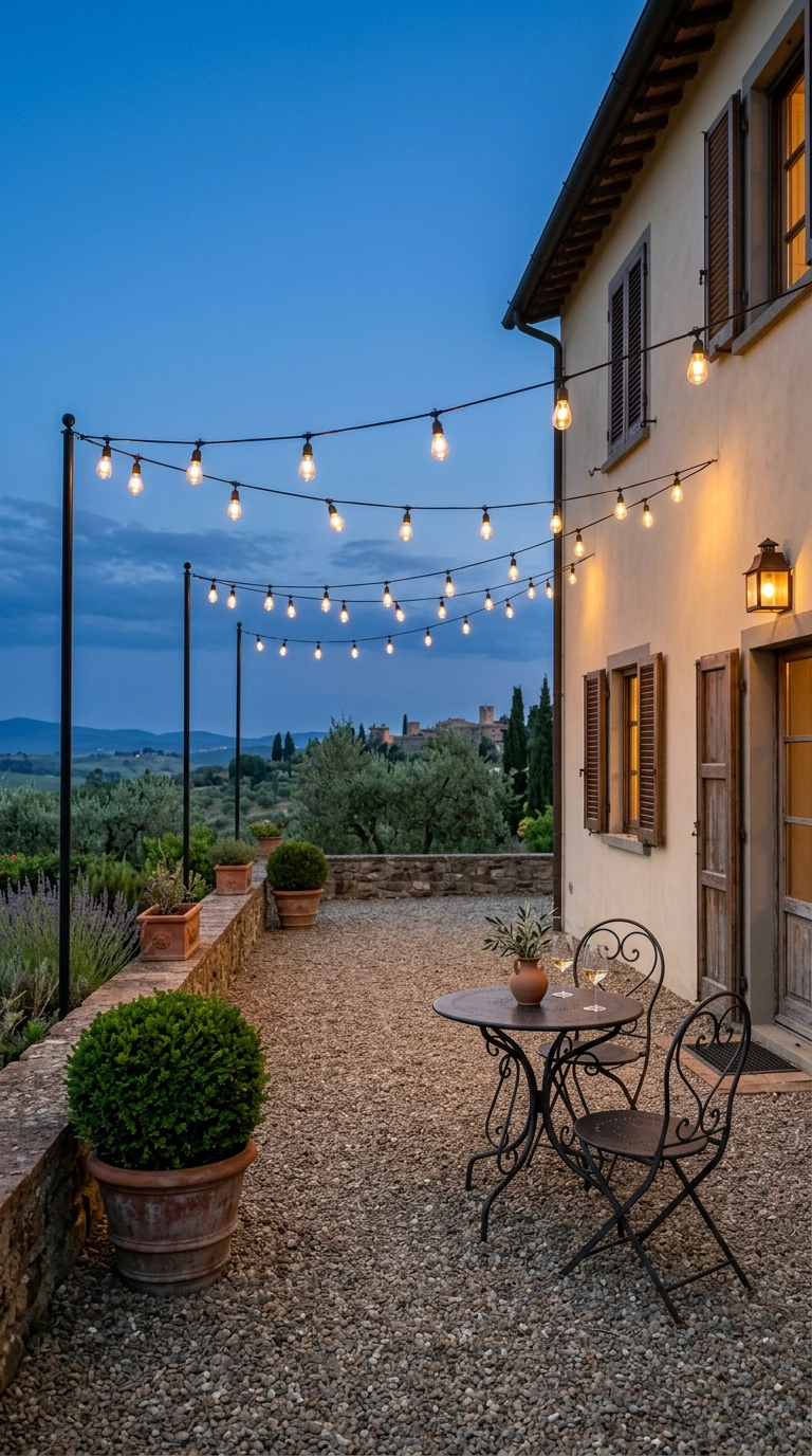 Two taut runs of warm cafe string lights over a gravel terrace with an iron bistro set