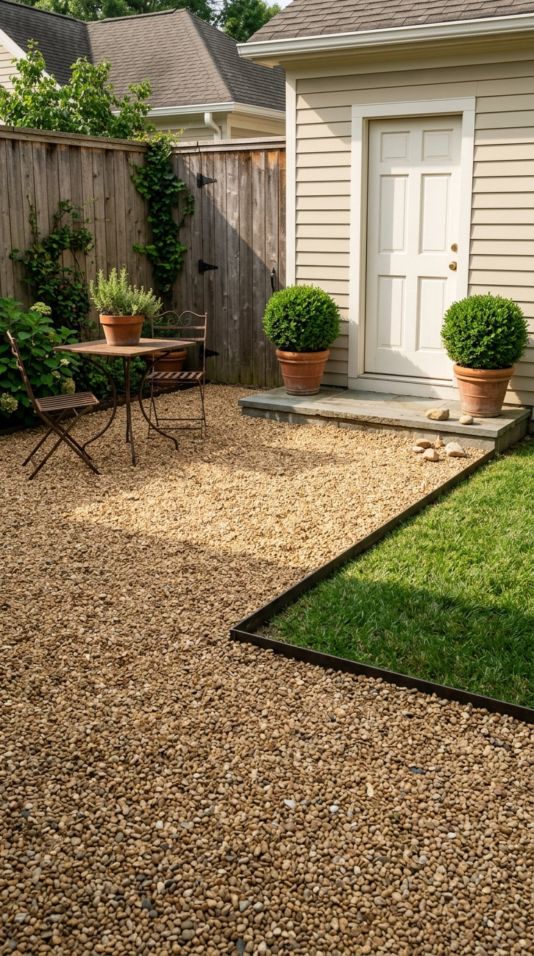 Pea gravel courtyard with steel edging and two boxwood in terracotta pots by a back door