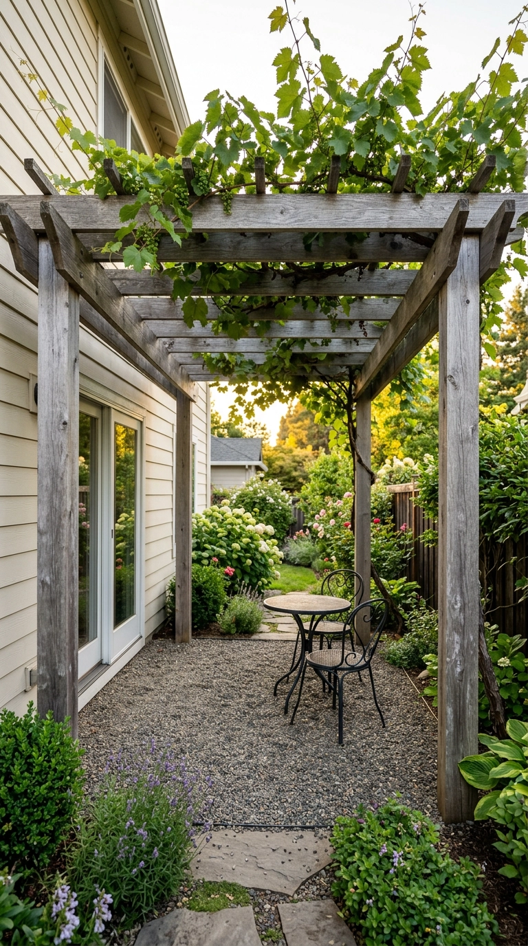 Cedar pergola with a trained grapevine over a gravel terrace and iron bistro set