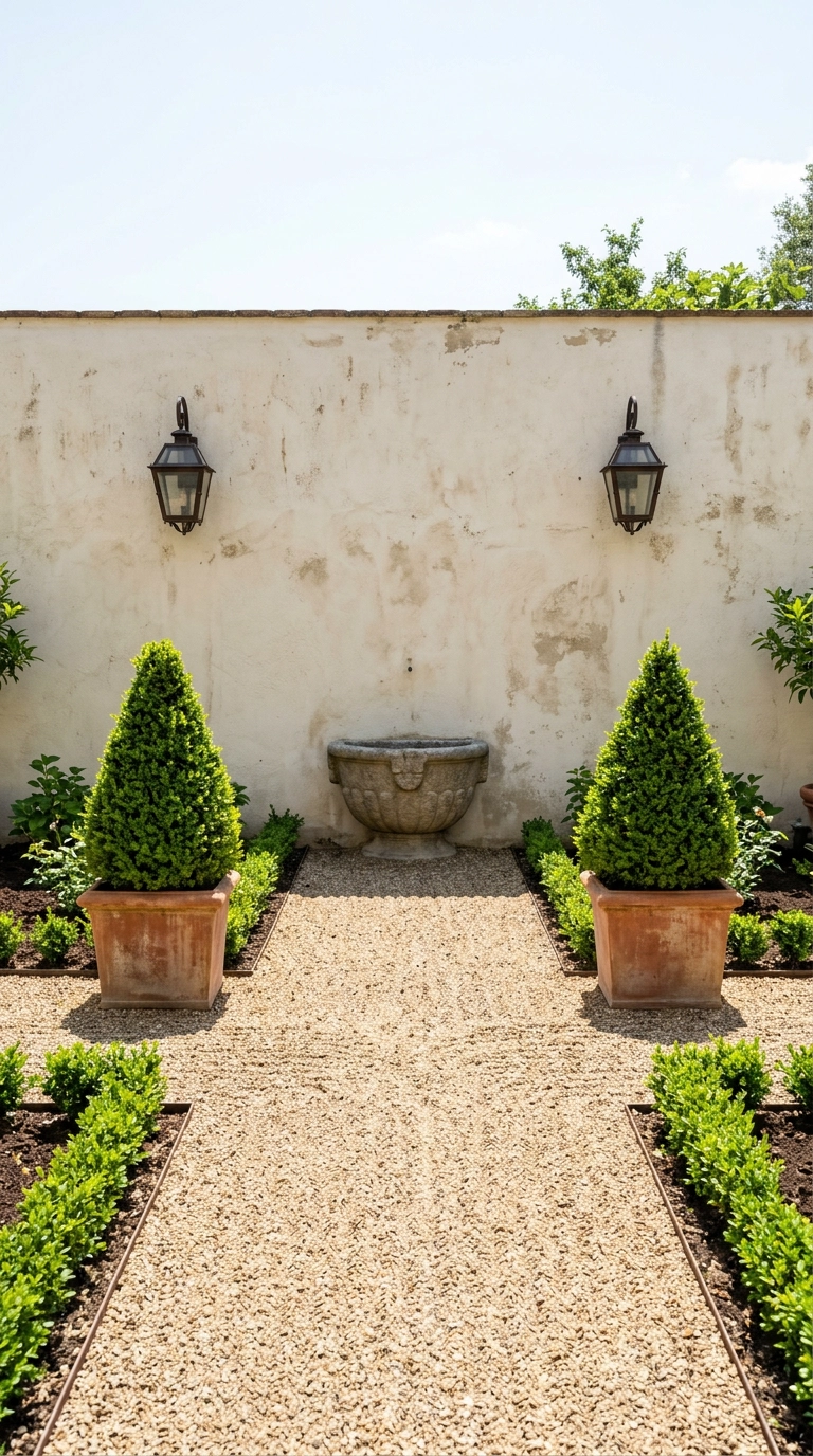 Symmetrical gravel walkway with matching boxwood cones and lanterns leading to a stone basin