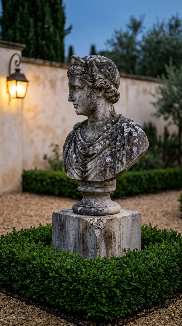 Weathered stone classical bust on a plinth surrounded by low clipped boxwood at dusk