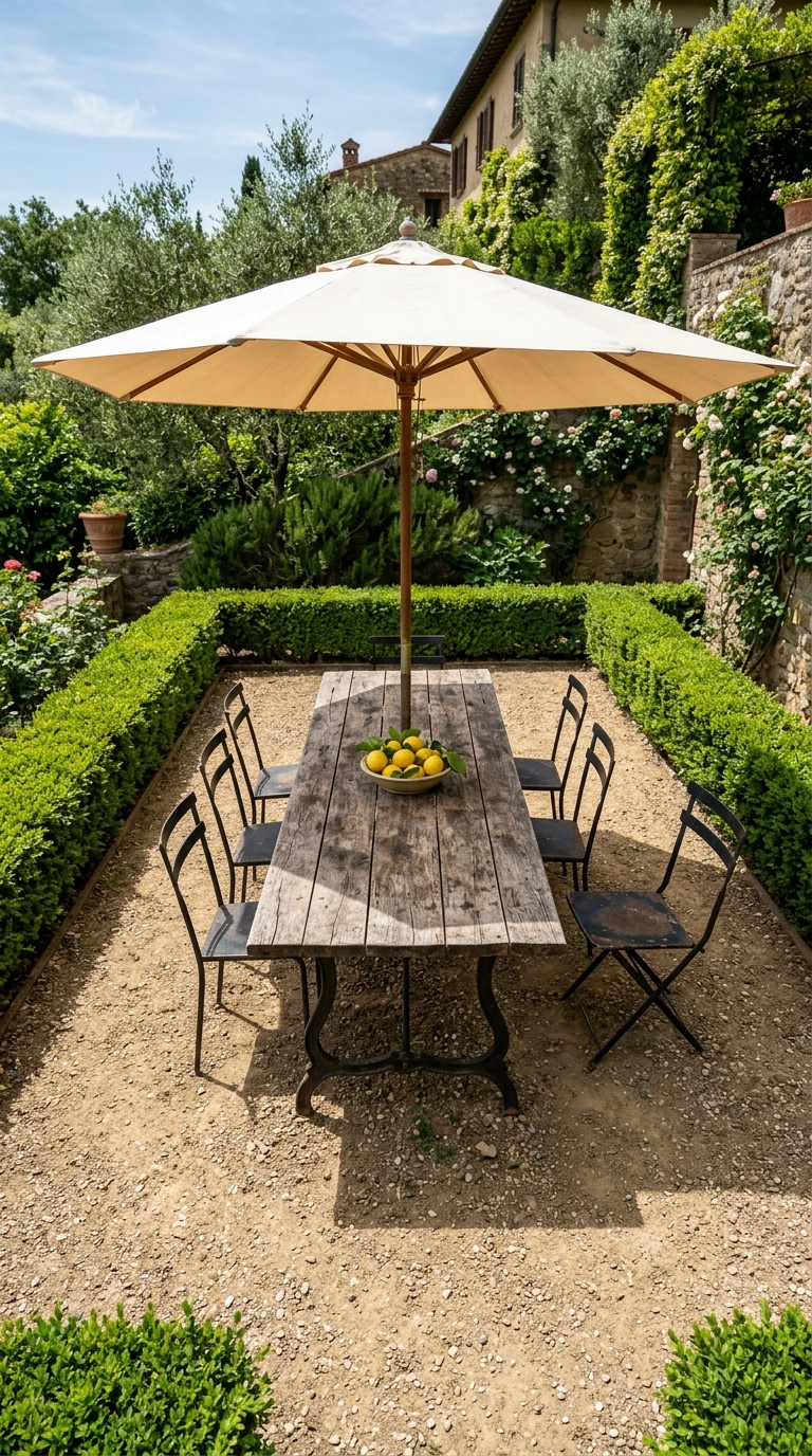 Long wood and iron dining table on a gravel terrace under a cream market umbrella