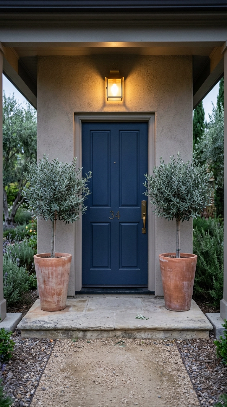 Two potted olive trees in terracotta pots flanking a navy front door at twilight