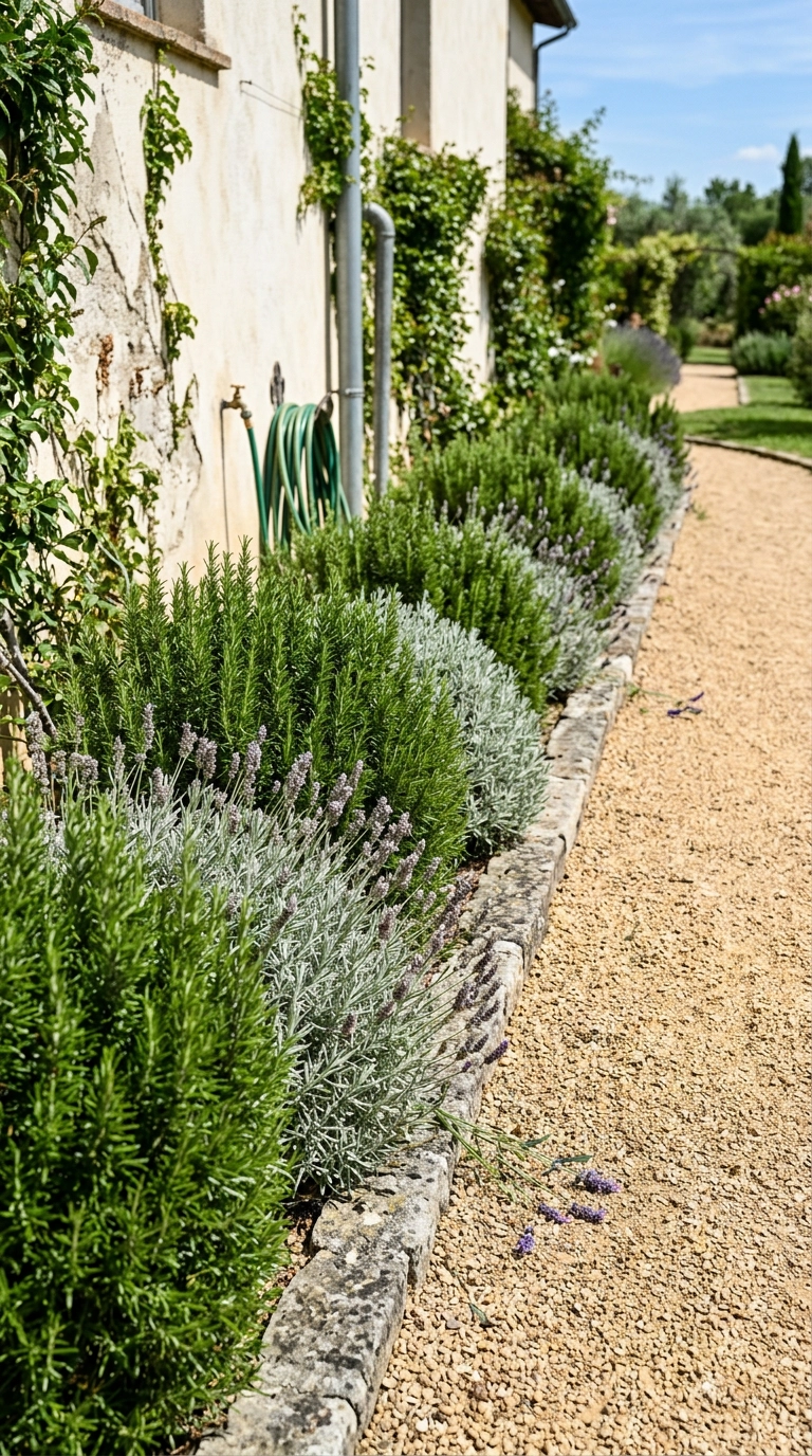 Row of clipped rosemary and lavender along a gravel path beside a stucco wall