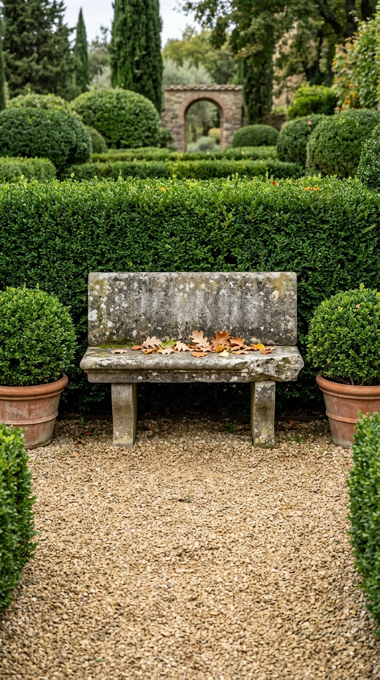 Cast stone bench against a clipped hedge flanked by two boxwood in terracotta pots