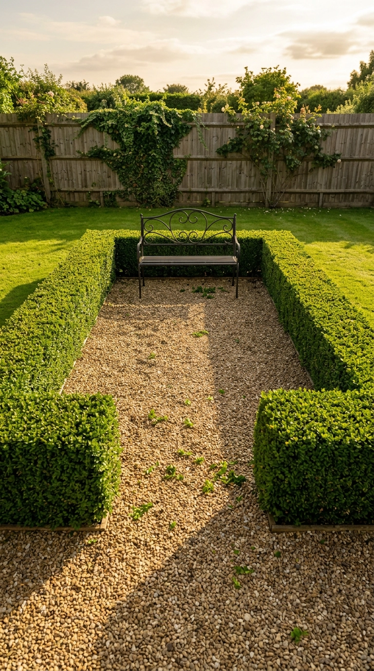 Low clipped hedge forming a rectangular gravel terrace with an iron bench
