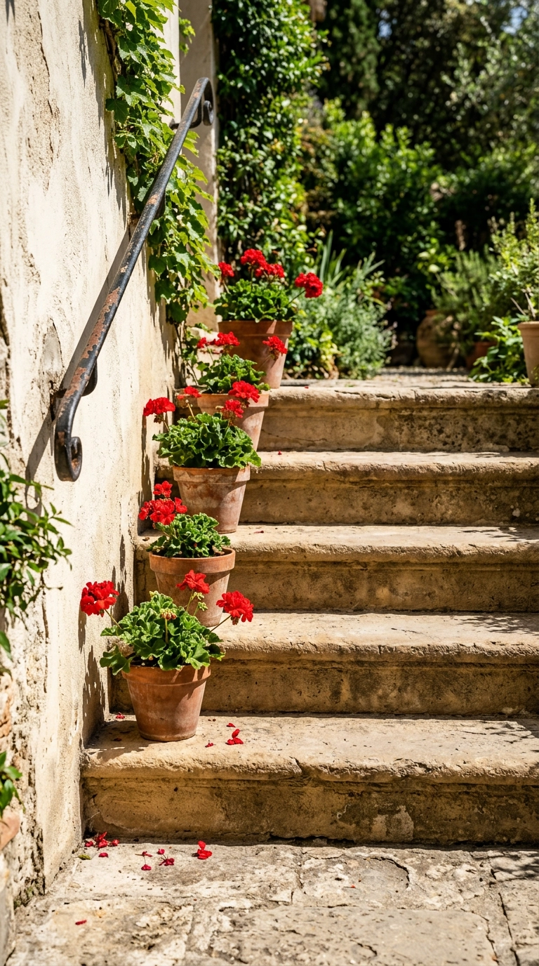 Small terracotta pots of red geraniums lined up one per step on limestone stairs