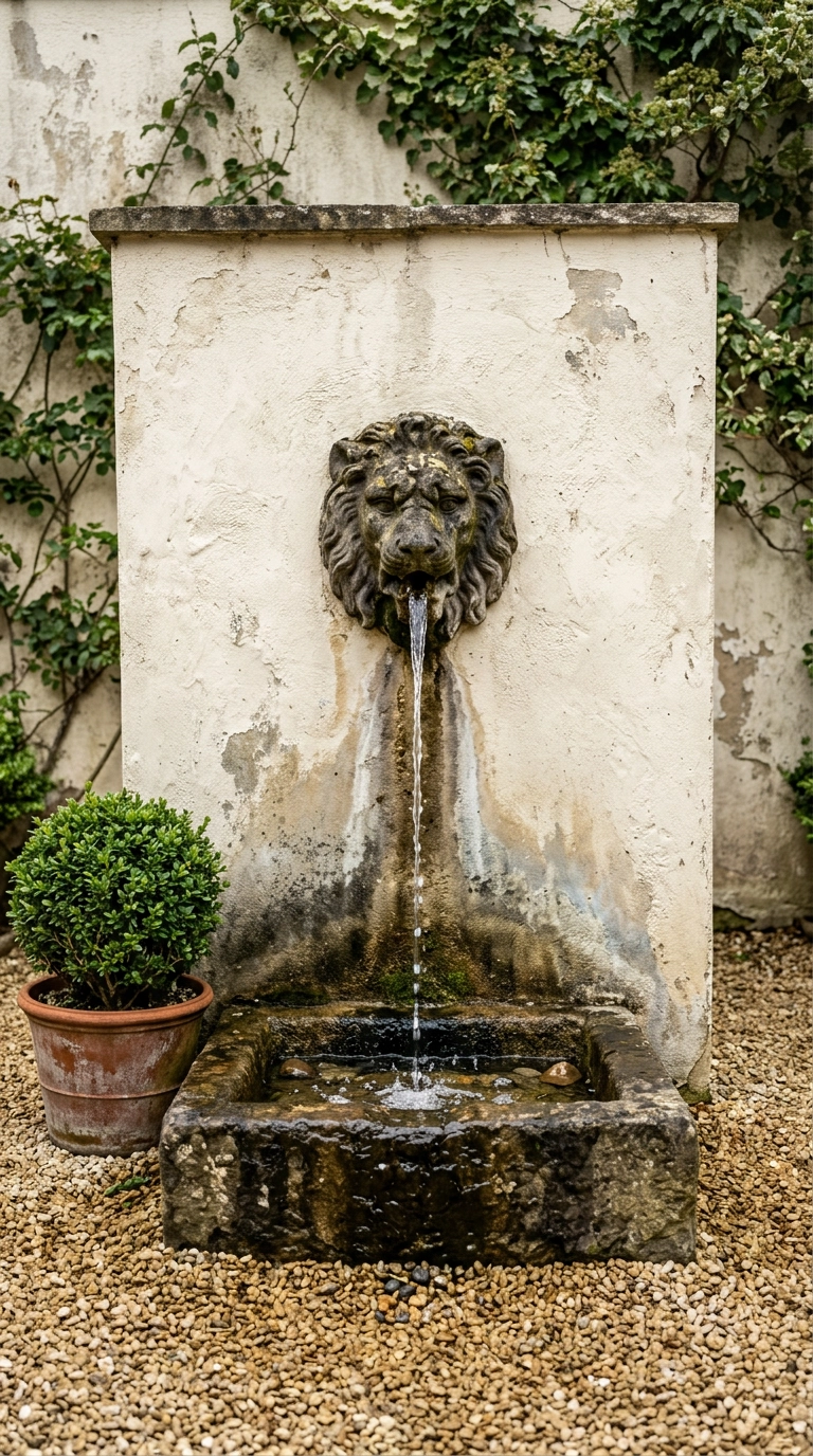 Cast stone lion mask wall fountain spilling into a stone basin on a cream stucco wall