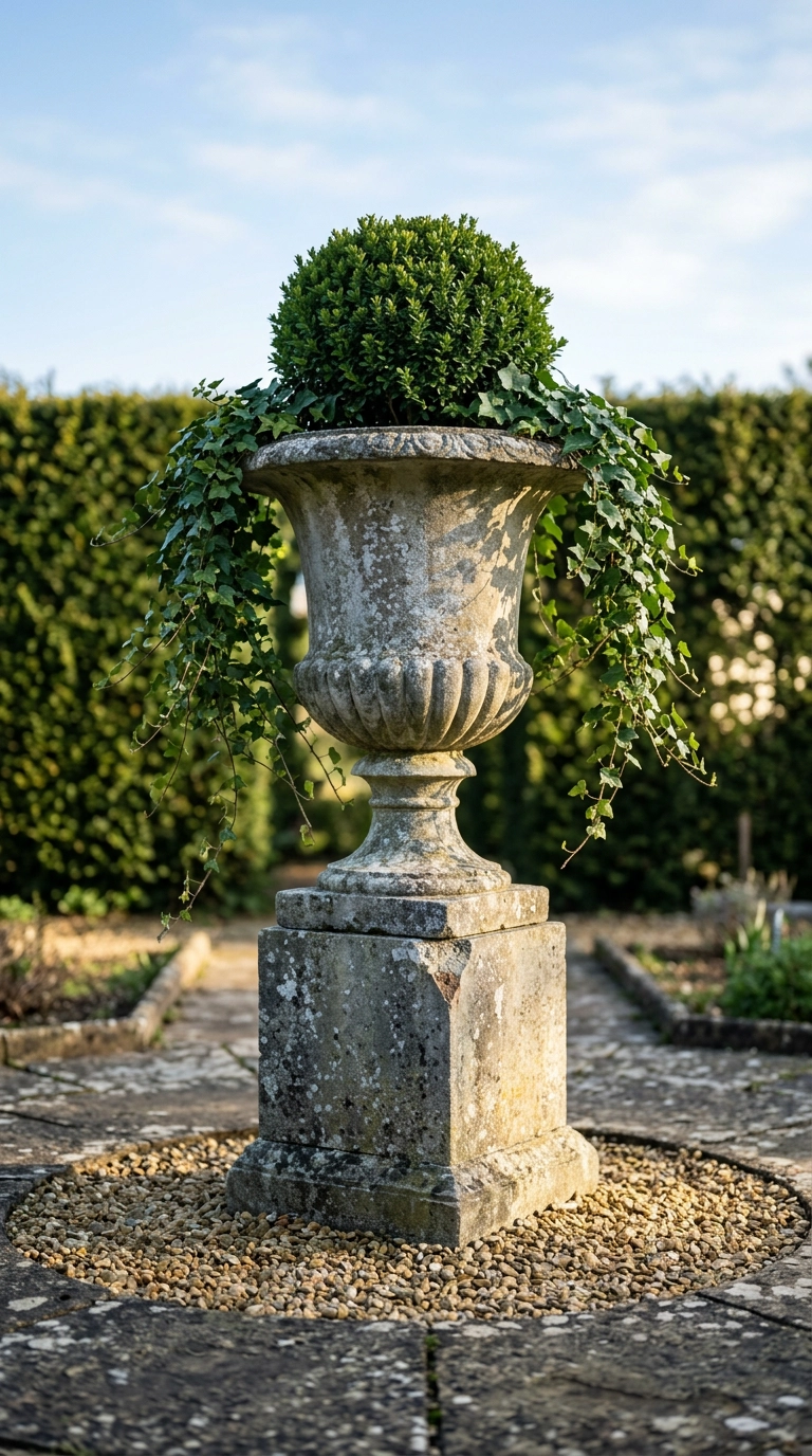 Weathered cast stone pedestal urn planted with boxwood and ivy on a gravel circle