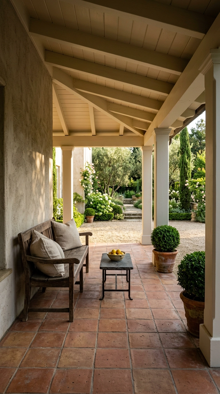 Covered porch styled as an Italian loggia with terracotta tile floor and a cushioned bench