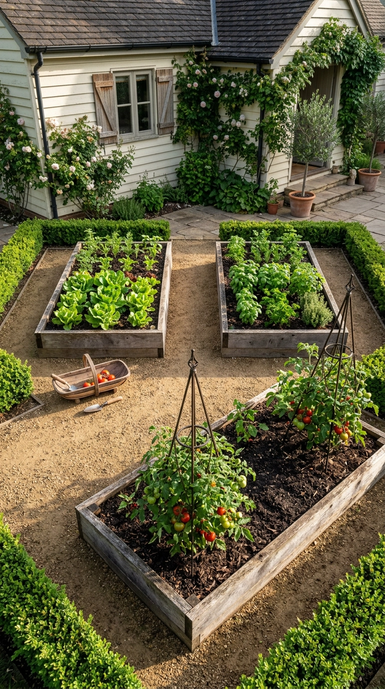 Four symmetrical cedar raised beds around a gravel cross path with tomatoes and herbs